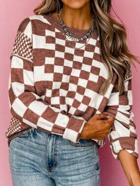 Checkered Sweater XL Brown Cream Drop Shoulder Cozy Knit